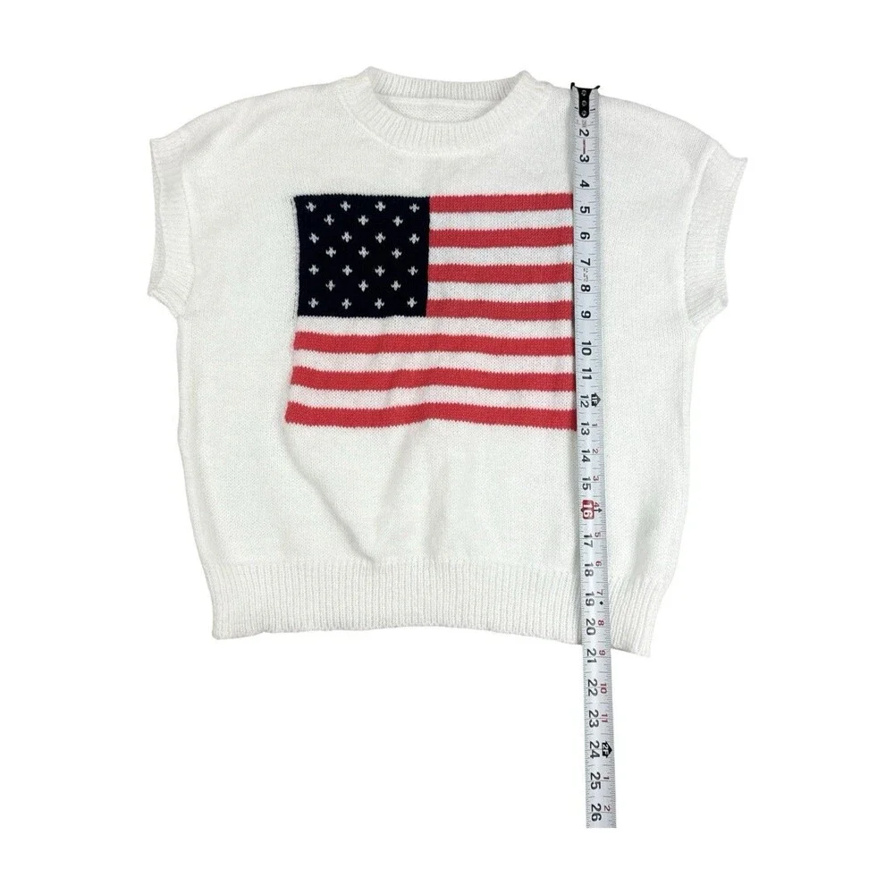 American Flag Sweater Vest Women Small White Knit Patriotic USA Cottagecore
